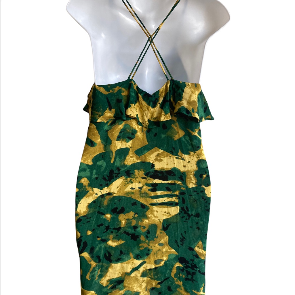 Nwt Kensie Zip Front Ruffle Summer Dress Small Criss Cross Back Green Lemon — image 6 of 6